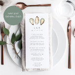 DOWNLOADABLE Coastal Oyster Weder Menu Card Einladung<br><div class="desc">Teilen Sie Ihre Hochzeitsmenüdetails in elegantem Stil mit diesen Küsten-Hochzeitsmenükarten in Weiß mit Marineschrift und einem Trio von Aqua- und Elfenbeinwasserauster-Muschel-Illustrationen. Fügen Sie Ihre Initialen und das Hochzeitstag oben hinzu, und passen Sie dann die Menüpunkte an, die nach Kursverlauf geordnet sind. Professionell bedruckt und verschickt, oder als digitaler Download für...</div>
