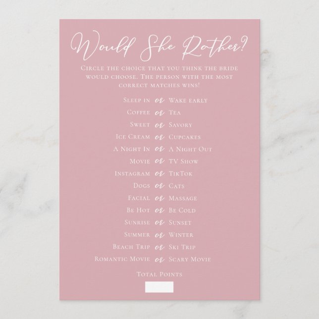 Downloadable Pink Bridal Shower Guess Game Karte (Vorderseite)