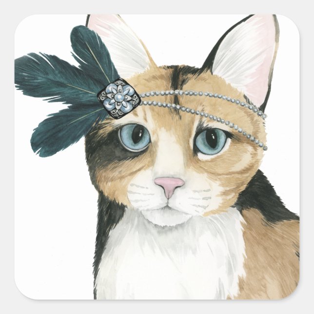 Downton Cat | Mit Federn bekleidet. Quadratischer Aufkleber (Vorderseite)