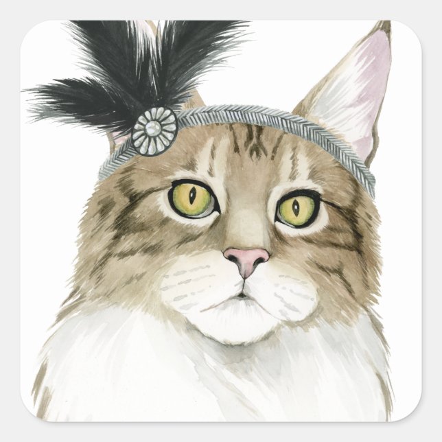Downton Cat | Mit Federn verziert Quadratischer Aufkleber (Vorderseite)