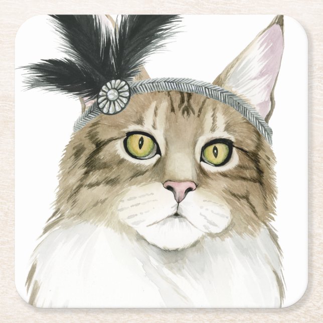 Downton Cat | Mit Federn verziert Rechteckiger Pappuntersetzer (Vorderseite)