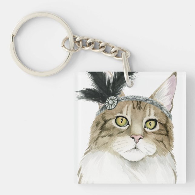Downton Cat | Mit Federn verziert Schlüsselanhänger (Vorderseite)