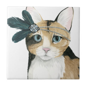 Downton Katze   Bejeweled mit Federn Fliese