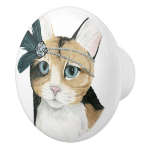 Downton Katze   Bejeweled mit Federn Keramikknauf