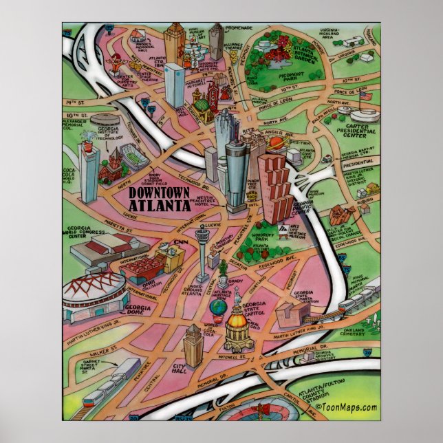 Downtown Atlanta Georgia Cartoons Map Poster (Vorne)