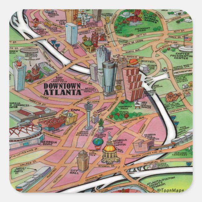 Downtown Atlanta Georgia Cartoons Map Quadratischer Aufkleber (Vorderseite)