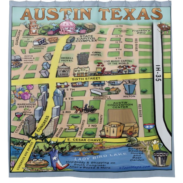 Downtown Austin Texas Cartoon Map Duschvorhang (Vorderseite)