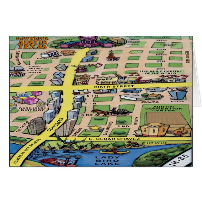 Downtown Austin Texas Cartoons Map (Vorderseite (Horizontal))