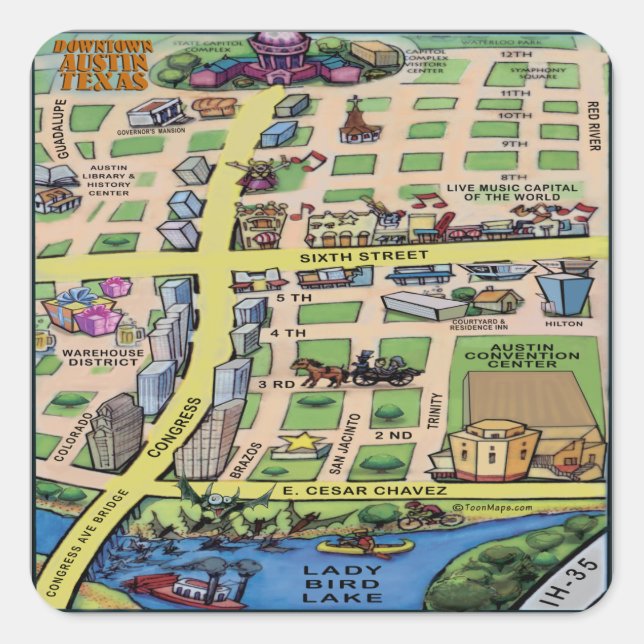 Downtown Austin Texas Cartoons Map Quadratischer Aufkleber (Vorderseite)