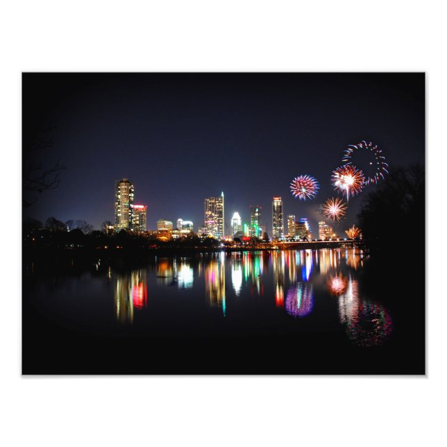 Downtown Austin Texas Night Skyline Fireworks Fotodruck (Vorne)