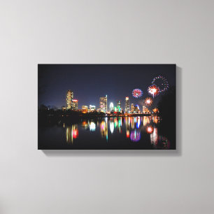 Downtown Austin Texas Night Skyline Fireworks Leinwanddruck