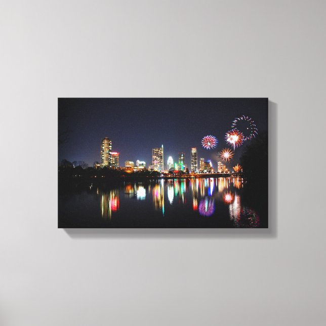 Downtown Austin Texas Night Skyline Fireworks Leinwanddruck (Vorderseite)