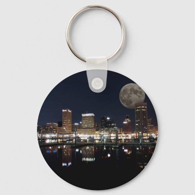 Downtown Baltimore Maryland Night Skyline Moon Schlüsselanhänger (Vorderseite)