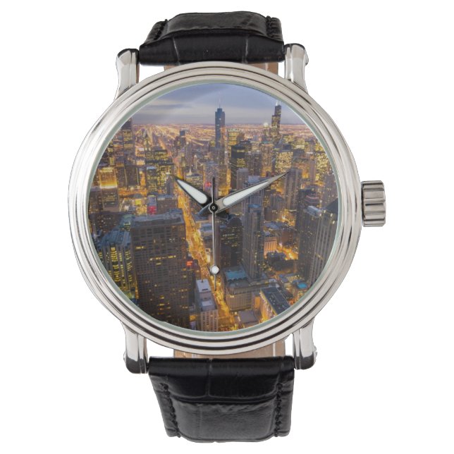 Downtown Chicago Skyline bei Dämmerung Armbanduhr (Vorderseite)