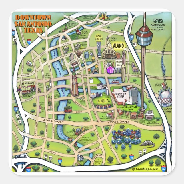 Downtown San Antonio Cartoon Karte Quadratischer Aufkleber (Vorderseite)