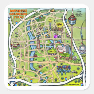 Downtown San Antonio Cartoon Karte Quadratischer Aufkleber