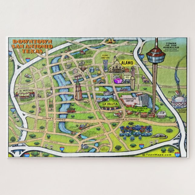 Downtown San Antonio Texas Cartoon Karte (Horizontal)