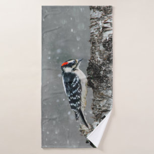 Downy Woodpecker in Snow - Original Foto Badhandtuch Set