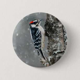 Downy Woodpecker in Snow - Original Foto Button