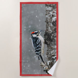 Downy Woodpecker in Snow - Original Foto Strandtuch