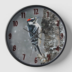 Downy Woodpecker in Snow - Original Foto Uhr