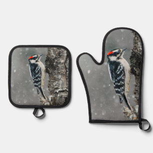 Downy Woodpecker in Winter Original Fotografie Ofenhandschuh & Topflappen-Set
