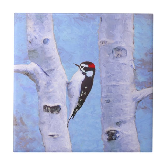 Downy Woodpecker-Malerei - Original Bird Art Fliese (Vorderseite)