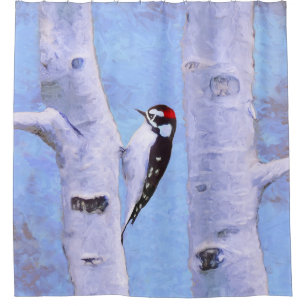 Downy Woodpecker Painting - Original Bird Art Duschvorhang