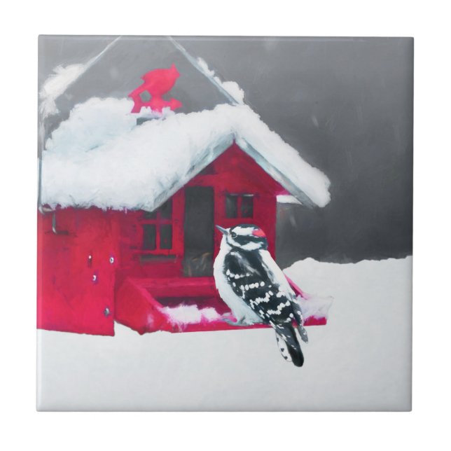 Downy Woodpecker Painting - Original Bird Art Fliese (Vorderseite)
