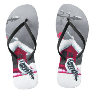 Downy Woodpecker Painting - Original Bird Art Flip Flops