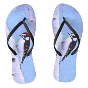 Downy Woodpecker Painting - Original Bird Art Flip Flops