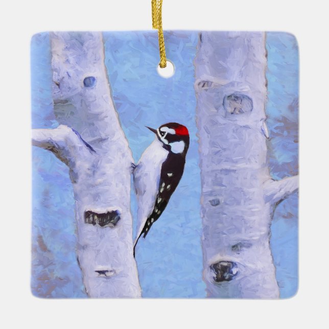 Downy Woodpecker Painting - Original Bird Art Keramikornament (Vorderseite)