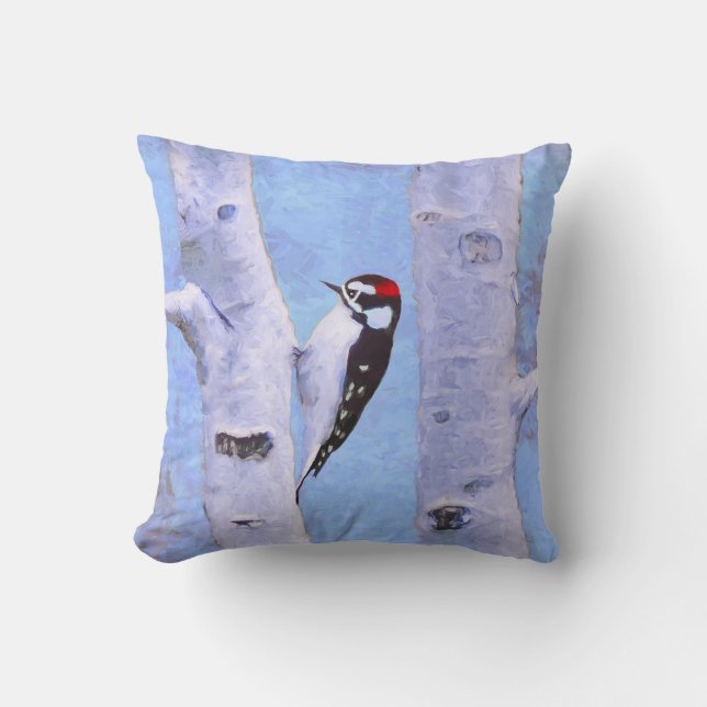 Downy Woodpecker Painting - Original Bird Art Kissen (Vorderseite)