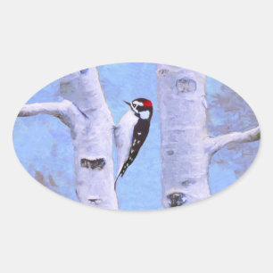 Downy Woodpecker Painting - Original Bird Art Ovaler Aufkleber