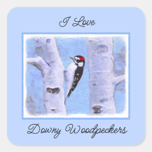 Downy Woodpecker Painting - Original Bird Art Quadratischer Aufkleber