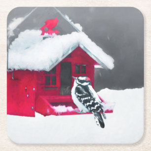 Downy Woodpecker Painting - Original Bird Art Rechteckiger Pappuntersetzer