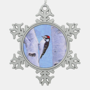 Downy Woodpecker Painting - Original Bird Art Schneeflocken Zinn-Ornament