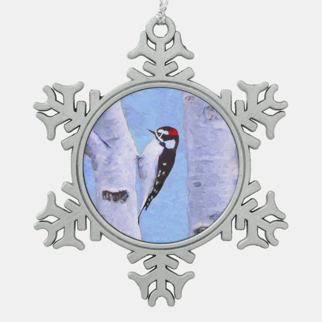 Downy Woodpecker Painting - Original Bird Art Schneeflocken Zinn-Ornament (Vorderseite)