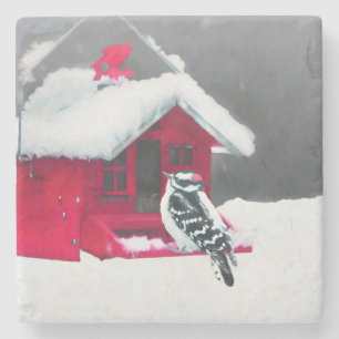 Downy Woodpecker Painting - Original Bird Art Steinuntersetzer