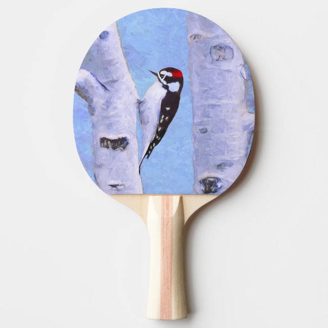 Downy Woodpecker Painting - Original Bird Art Tischtennis Schläger (Vorderseite)