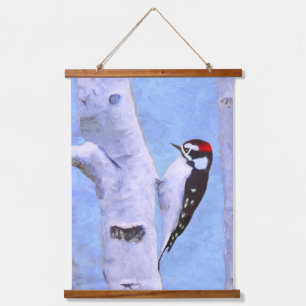 Downy Woodpecker Painting - Original Bird Art Wandteppich Mit Holzrahmen