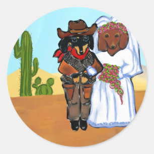 Doxie-Cowboy-Hochzeit Runder Aufkleber