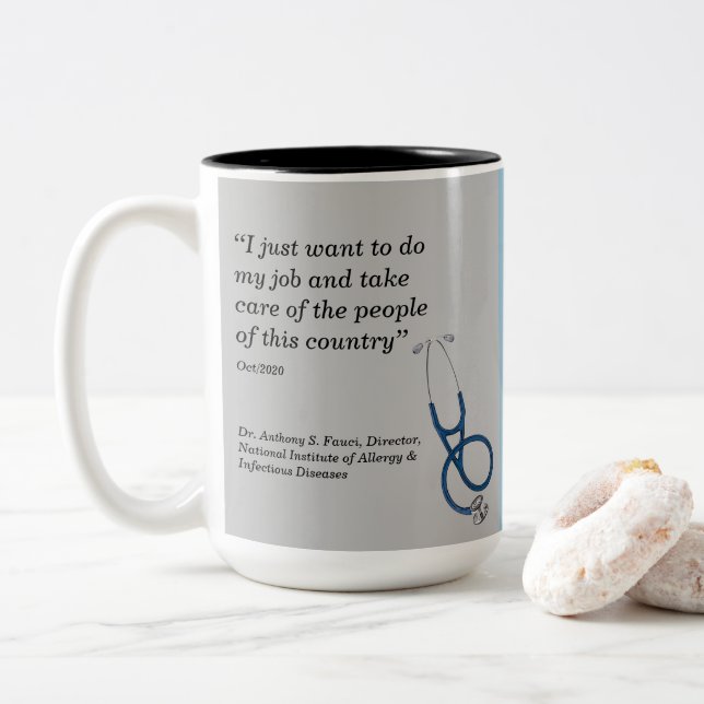 Dr. Fauci, zweiseitiges Design, grau-blassblau, Zweifarbige Tasse (Mit Donut)