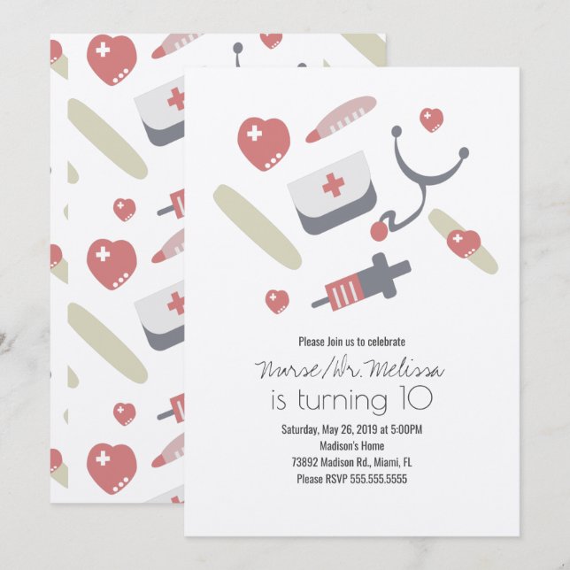 Dr. Nurse Birthday Party Medical Pattern Kraft Einladung (Vorne/Hinten)