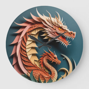 Drache 3D Papierkunst-Design T-Shirt Große Wanduhr