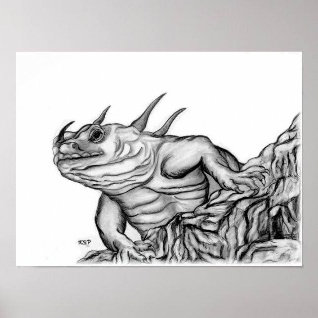 Drache am Fels schwarz-weiß design Poster (Vorne)