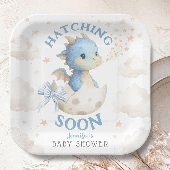 Drache Baby Shower Junge Blau Schlüpft bald Pappteller (Von Creator hochgeladen)