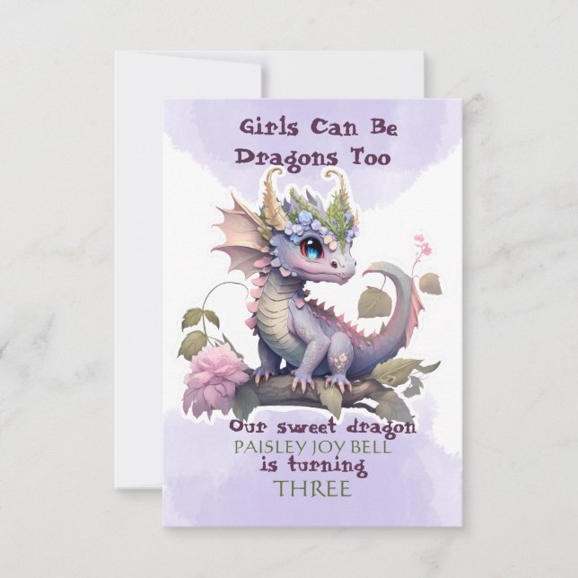 Drache der drei Jahre alten Girl Einladung (Vorderseite)