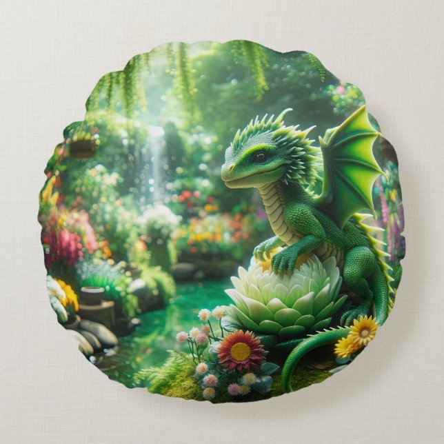 Drache des verzauberten Gartens Rundes Kissen (Vorderseite)