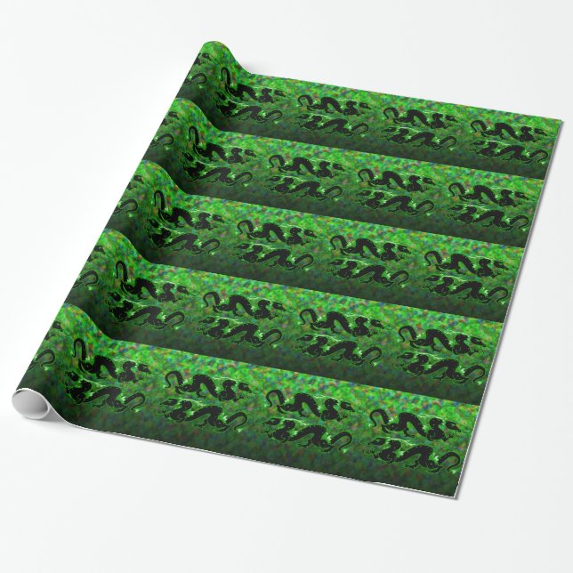 Drache-Drache-Schwarzes und Grün Geschenkpapier (Ungerollt)